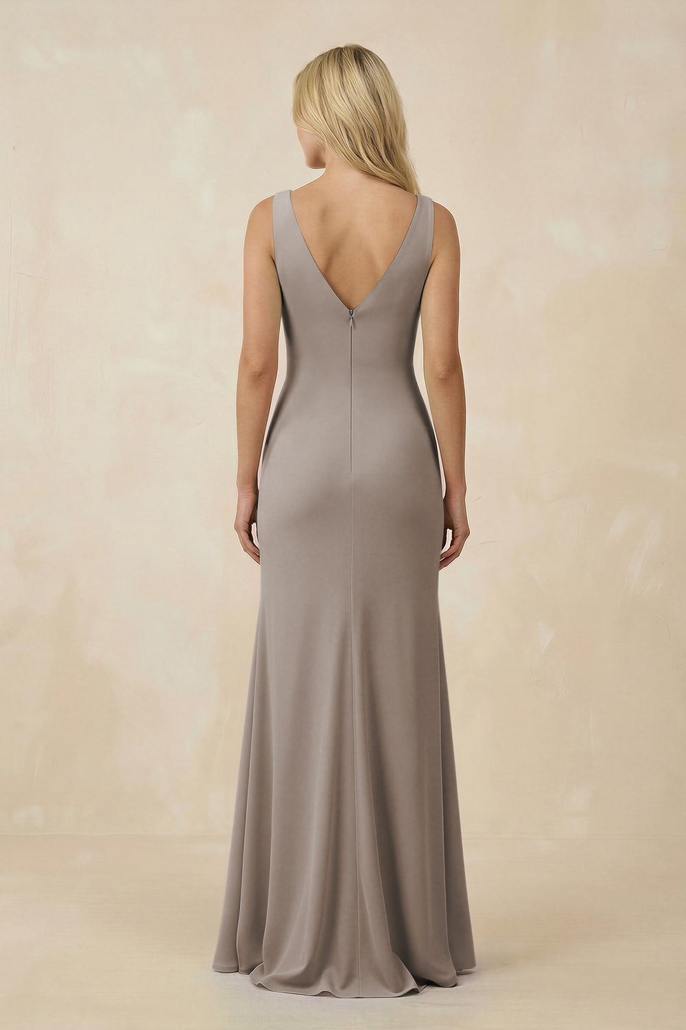 V-Neck Ruched Sheath Bridesmaid Dress with Slit in Frost