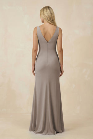 V-Neck Ruched Sheath Bridesmaid Dress with Slit in Frost - KISS BRIDAL BRIDESMAID DRESSES
