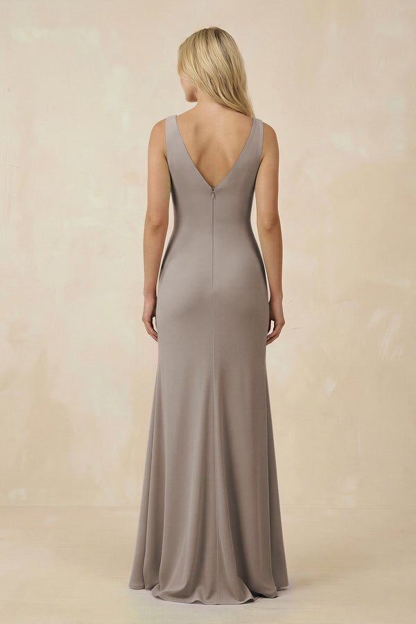 V-Neck Ruched Sheath Bridesmaid Dress with Slit in Frost - KISS BRIDAL BRIDESMAID DRESSES