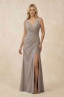 V-Neck Ruched Sheath Bridesmaid Dress with Slit in Frost - KISS BRIDAL BRIDESMAID DRESSES