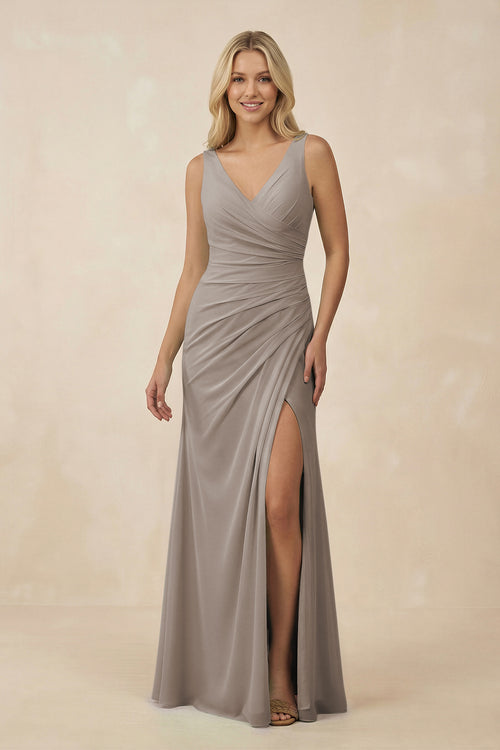 V-Neck Ruched Sheath Bridesmaid Dress with Slit in Frost - KISS BRIDAL BRIDESMAID DRESSES