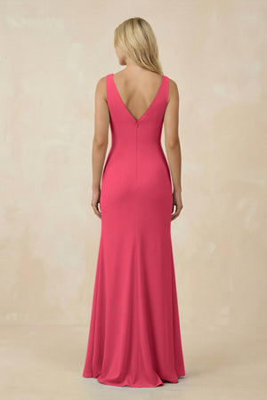 V-Neck Ruched Sheath Bridesmaid Dress with Slit in Fuchsia - SHE IS ME BRIDESMAID DRESSES