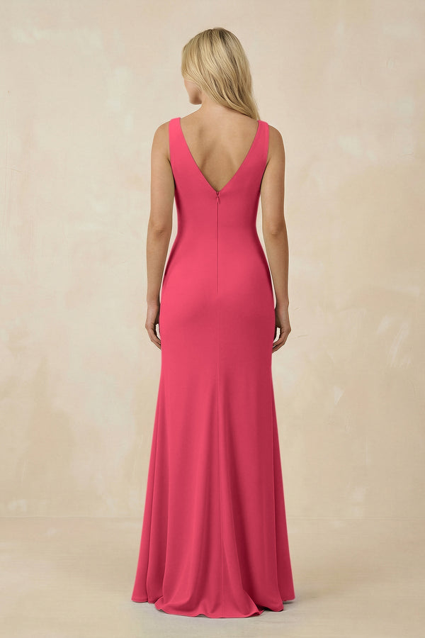 V-Neck Ruched Sheath Bridesmaid Dress with Slit in Fuchsia - SHE IS ME BRIDESMAID DRESSES