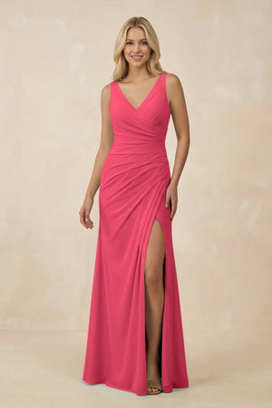 V-Neck Ruched Sheath Bridesmaid Dress with Slit in Fuchsia - SHE IS ME BRIDESMAID DRESSES