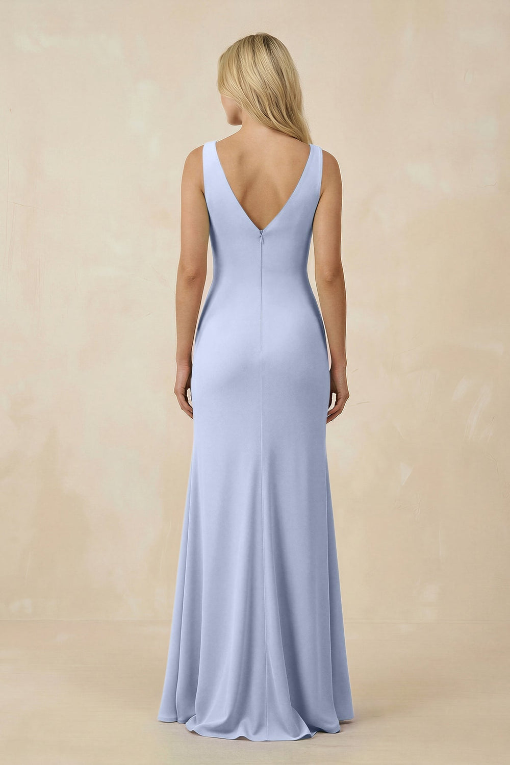 V-Neck Ruched Sheath Bridesmaid Dress with Slit in Ice - KISS BRIDAL BRIDESMAID DRESSES