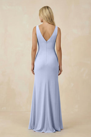 V-Neck Ruched Sheath Bridesmaid Dress with Slit in Ice - SHE IS ME BRIDESMAID DRESSES