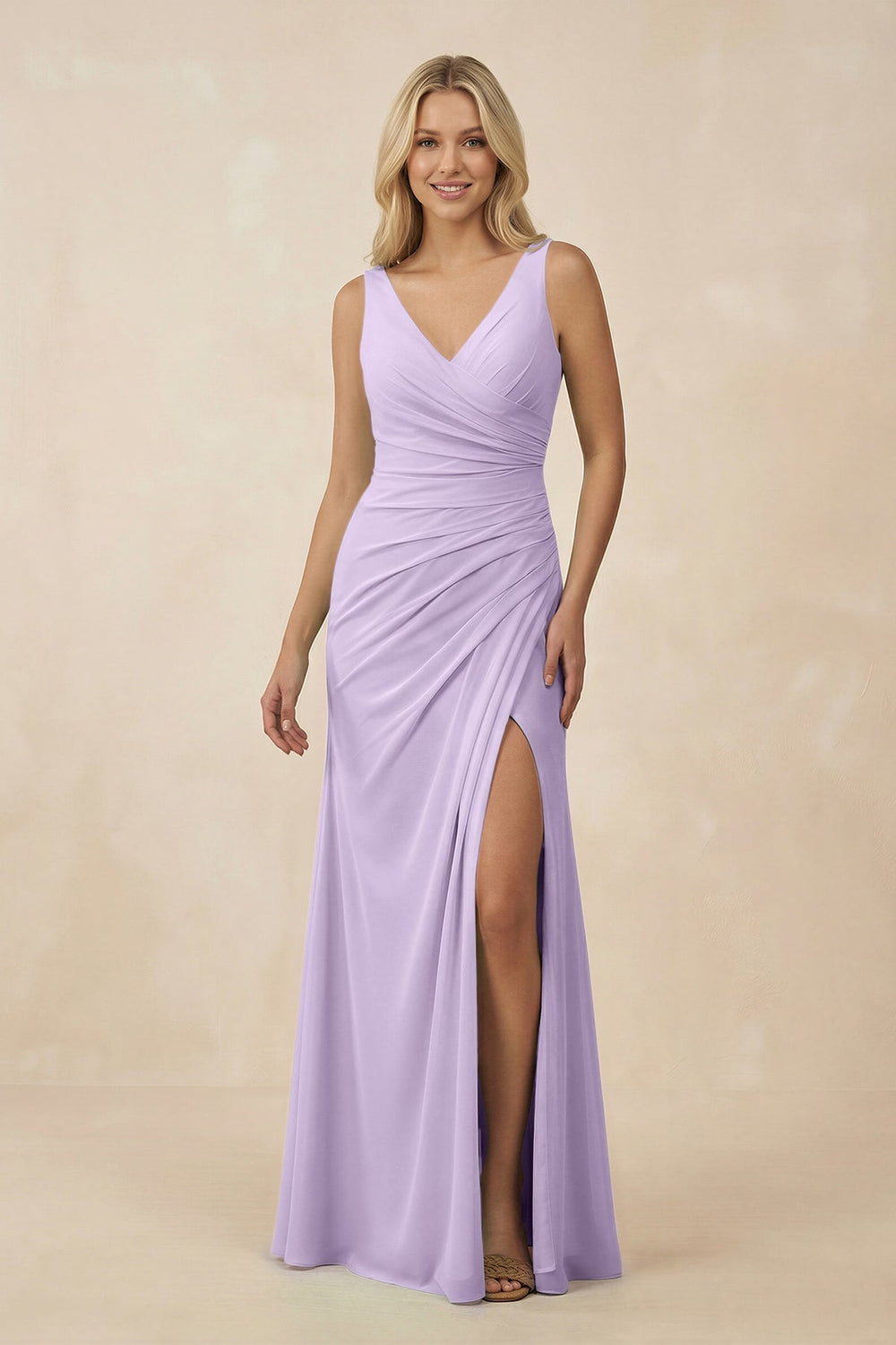 V-Neck Ruched Sheath Bridesmaid Dress with Slit in Lavender - KISS BRIDAL BRIDESMAID DRESSES