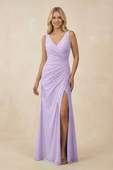 V-Neck Ruched Sheath Bridesmaid Dress with Slit in Lavender - KISS BRIDAL BRIDESMAID DRESSES