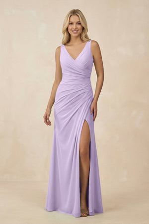 V-Neck Ruched Sheath Bridesmaid Dress with Slit in Lavender - SHE IS ME BRIDESMAID DRESSES