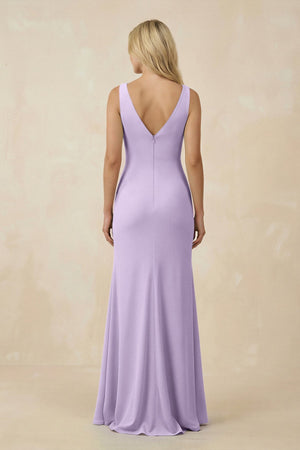 V-Neck Ruched Sheath Bridesmaid Dress with Slit in Lavender - SHE IS ME BRIDESMAID DRESSES