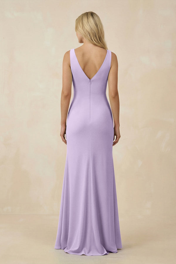 V-Neck Ruched Sheath Bridesmaid Dress with Slit in Lavender - SHE IS ME BRIDESMAID DRESSES