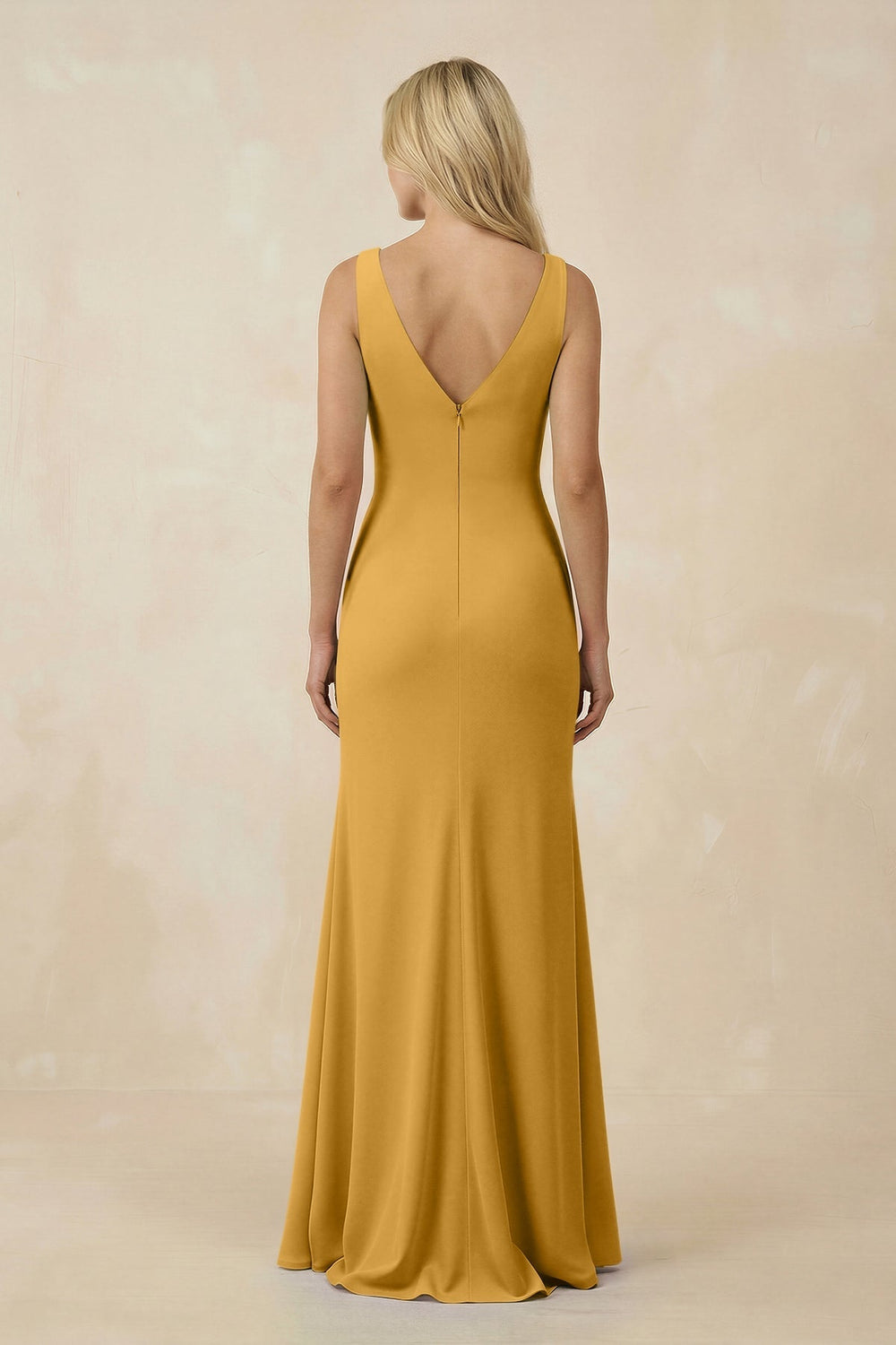 V-Neck Ruched Sheath Bridesmaid Dress with Slit in Marigold - KISS BRIDAL BRIDESMAID DRESSES