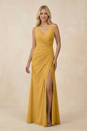 V-Neck Ruched Sheath Bridesmaid Dress with Slit in Marigold - SHE IS ME BRIDESMAID DRESSES
