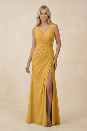 V-Neck Ruched Sheath Bridesmaid Dress with Slit in Marigold - SHE IS ME BRIDESMAID DRESSES