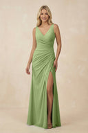 V-Neck Ruched Sheath Bridesmaid Dress with Slit in Matcha - SHE IS ME BRIDESMAID DRESSES