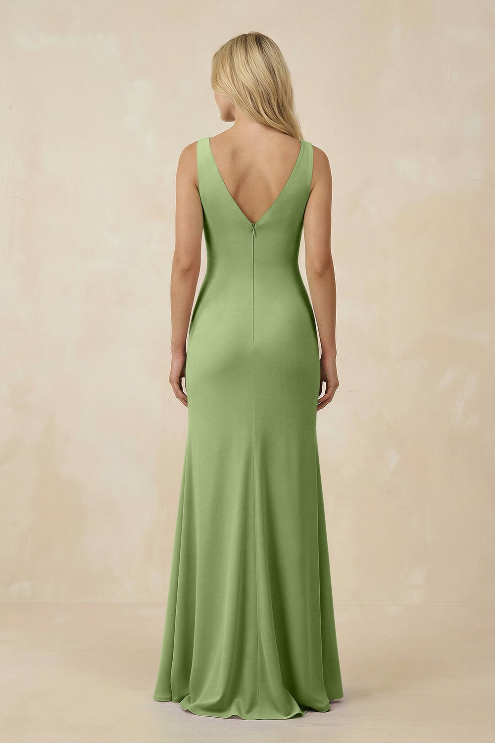 V-Neck Ruched Sheath Bridesmaid Dress with Slit in Matcha - KISS BRIDAL BRIDESMAID DRESSES