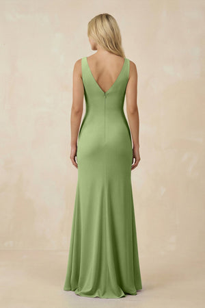 V-Neck Ruched Sheath Bridesmaid Dress with Slit in Matcha - SHE IS ME BRIDESMAID DRESSES