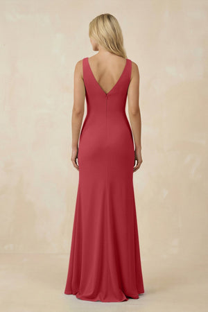 V-Neck Ruched Sheath Bridesmaid Dress with Slit in Merlot - SHE IS ME BRIDESMAID DRESSES