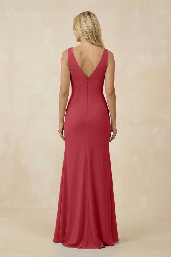 V-Neck Ruched Sheath Bridesmaid Dress with Slit in Merlot - SHE IS ME BRIDESMAID DRESSES