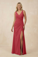 V-Neck Ruched Sheath Bridesmaid Dress with Slit in Merlot - SHE IS ME BRIDESMAID DRESSES