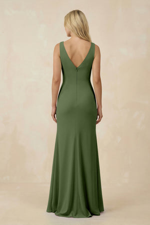 V-Neck Ruched Sheath Bridesmaid Dress with Slit in Moss (2) | KISSBRIDAL