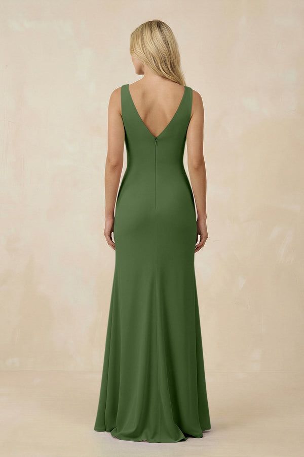 V-Neck Ruched Sheath Bridesmaid Dress with Slit in Moss - SHE IS ME BRIDESMAID DRESSES