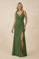 V-Neck Ruched Sheath Bridesmaid Dress with Slit in Moss - SHE IS ME BRIDESMAID DRESSES