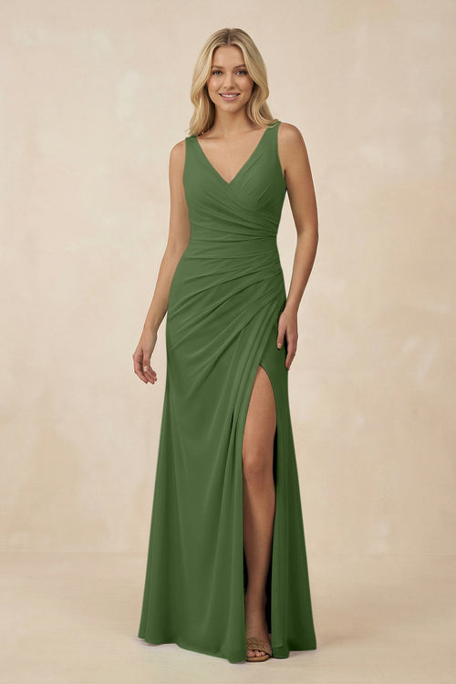 V-Neck Ruched Sheath Bridesmaid Dress with Slit in Moss - SHE IS ME BRIDESMAID DRESSES