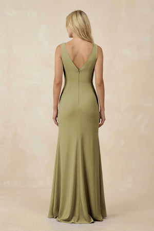 V-Neck Ruched Sheath Bridesmaid Dress with Slit in Moss Green (2) | KISSBRIDAL