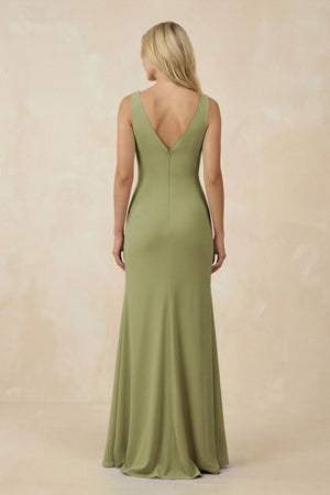 V-Neck Ruched Sheath Bridesmaid Dress with Slit in Moss Green - SHE IS ME BRIDESMAID DRESSES
