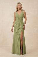 V-Neck Ruched Sheath Bridesmaid Dress with Slit in Moss Green - SHE IS ME BRIDESMAID DRESSES