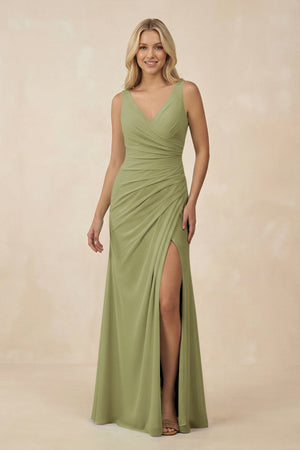 V-Neck Ruched Sheath Bridesmaid Dress with Slit in Moss Green - SHE IS ME BRIDESMAID DRESSES