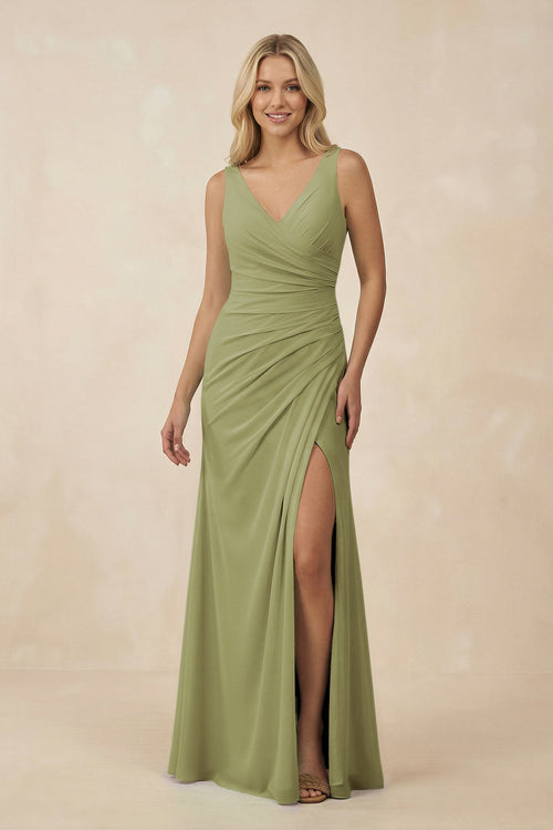 V-Neck Ruched Sheath Bridesmaid Dress with Slit in Moss Green - SHE IS ME BRIDESMAID DRESSES