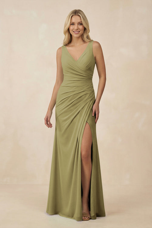 V-Neck Ruched Sheath Bridesmaid Dress with Slit in Moss Green | KISSBRIDAL