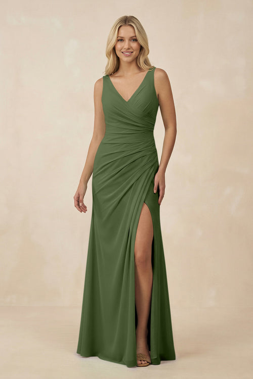 V-Neck Ruched Sheath Bridesmaid Dress with Slit in Moss | KISSBRIDAL