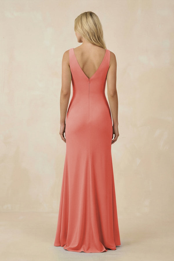 V-Neck Ruched Sheath Bridesmaid Dress with Slit in Mulberry - SHE IS ME BRIDESMAID DRESSES