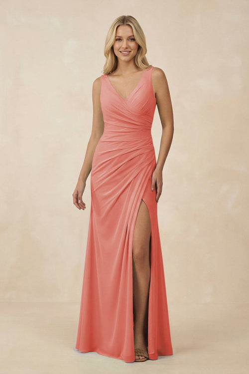 V-Neck Ruched Sheath Bridesmaid Dress with Slit in Mulberry - SHE IS ME BRIDESMAID DRESSES