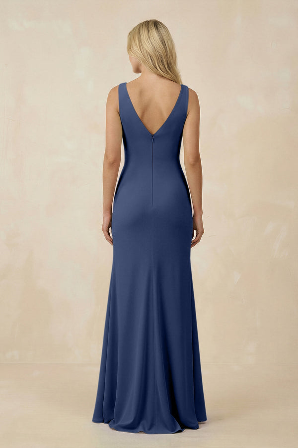 V-Neck Ruched Sheath Bridesmaid Dress with Slit in Navy - SHE IS ME BRIDESMAID DRESSES