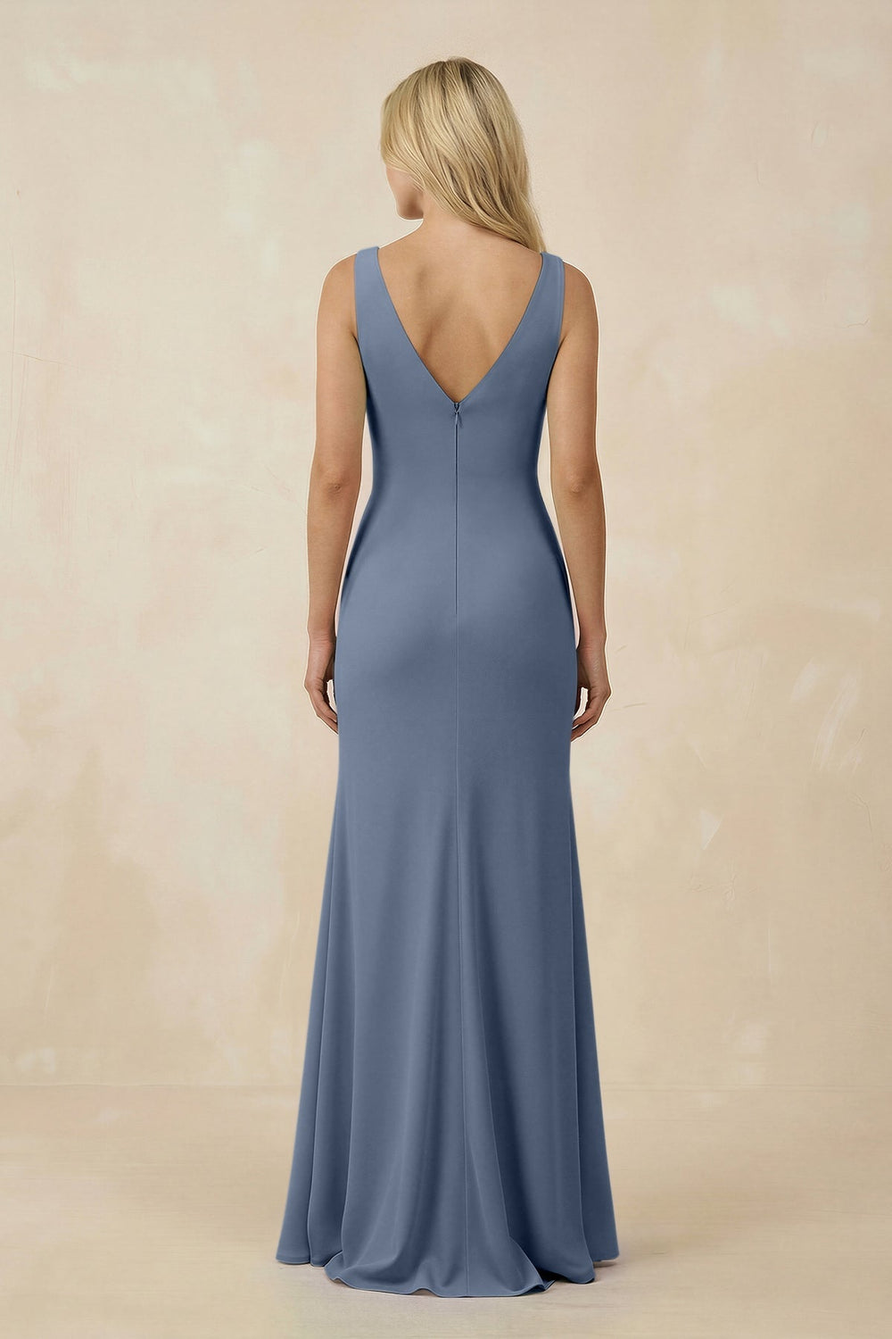 V-Neck Ruched Sheath Bridesmaid Dress with Slit in Neptune - KISS BRIDAL BRIDESMAID DRESSES