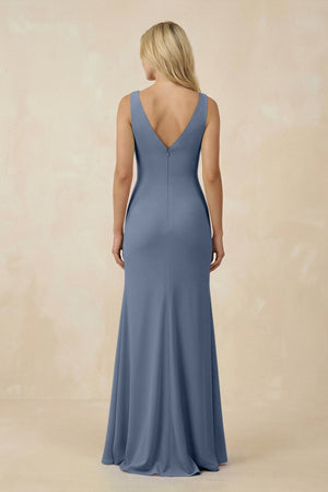 V-Neck Ruched Sheath Bridesmaid Dress with Slit in Neptune - SHE IS ME BRIDESMAID DRESSES