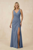 V-Neck Ruched Sheath Bridesmaid Dress with Slit in Neptune - SHE IS ME BRIDESMAID DRESSES