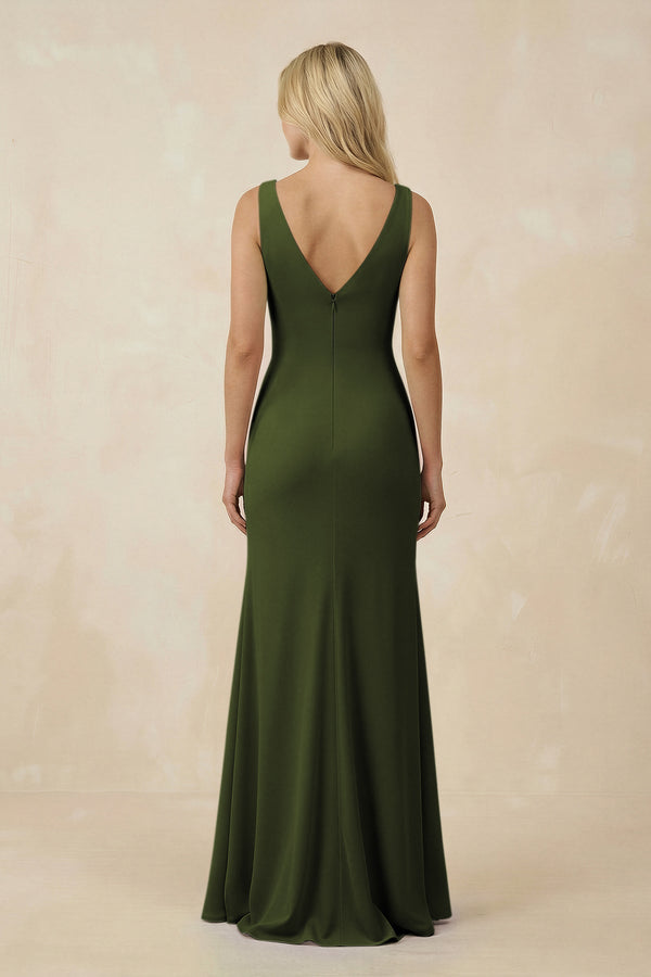 V-Neck Ruched Sheath Bridesmaid Dress with Slit in Olive - SHE IS ME BRIDESMAID DRESSES