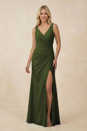 V-Neck Ruched Sheath Bridesmaid Dress with Slit in Olive - SHE IS ME BRIDESMAID DRESSES