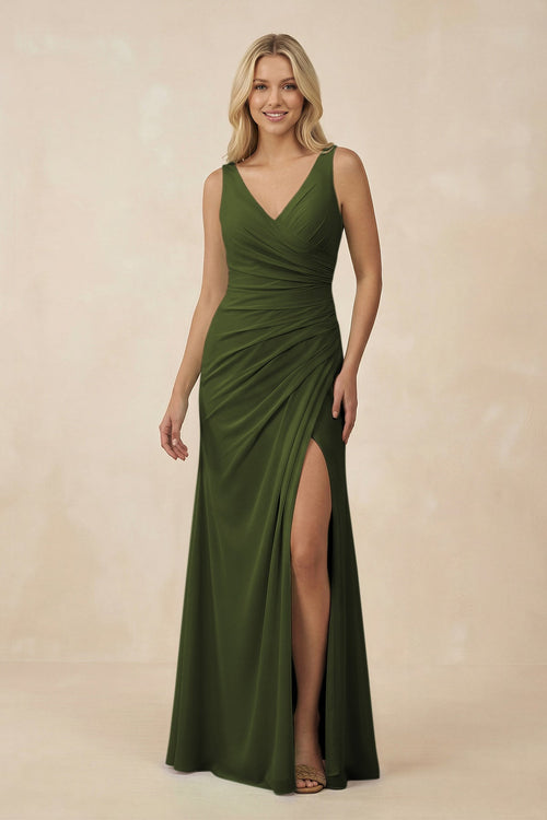 V-Neck Ruched Sheath Bridesmaid Dress with Slit in Olive - SHE IS ME BRIDESMAID DRESSES