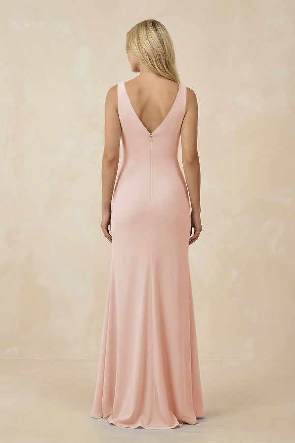 V-Neck Ruched Sheath Bridesmaid Dress with Slit in Pale Blush - SHE IS ME BRIDESMAID DRESSES