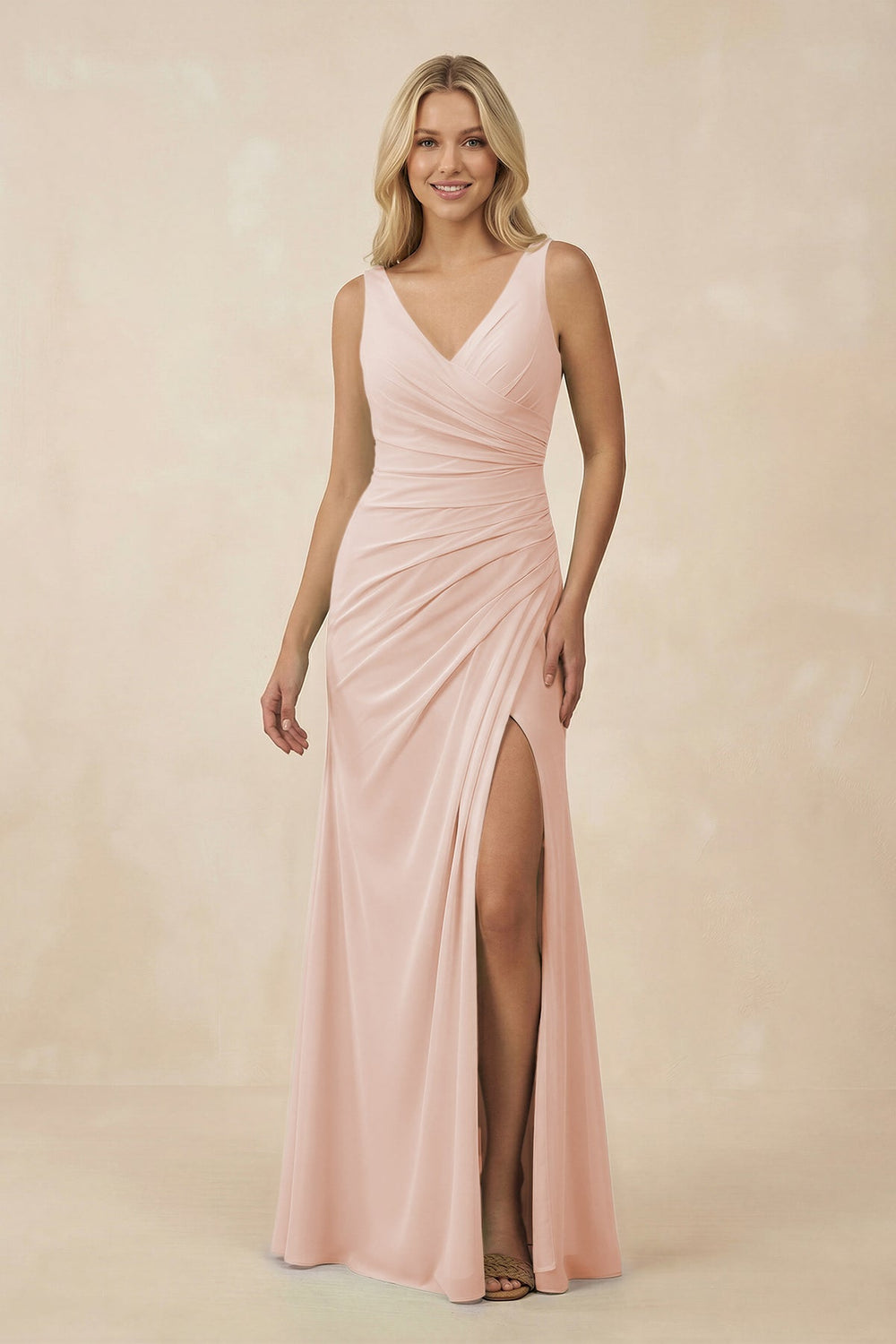 V-Neck Ruched Sheath Bridesmaid Dress with Slit in Pale Blush - KISS BRIDAL BRIDESMAID DRESSES