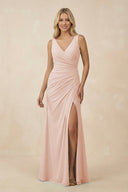 V-Neck Ruched Sheath Bridesmaid Dress with Slit in Pale Blush - SHE IS ME BRIDESMAID DRESSES
