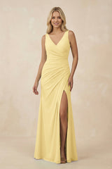 V-Neck Ruched Sheath Bridesmaid Dress with Slit in Pastel Yellow - KISS BRIDAL BRIDESMAID DRESSES