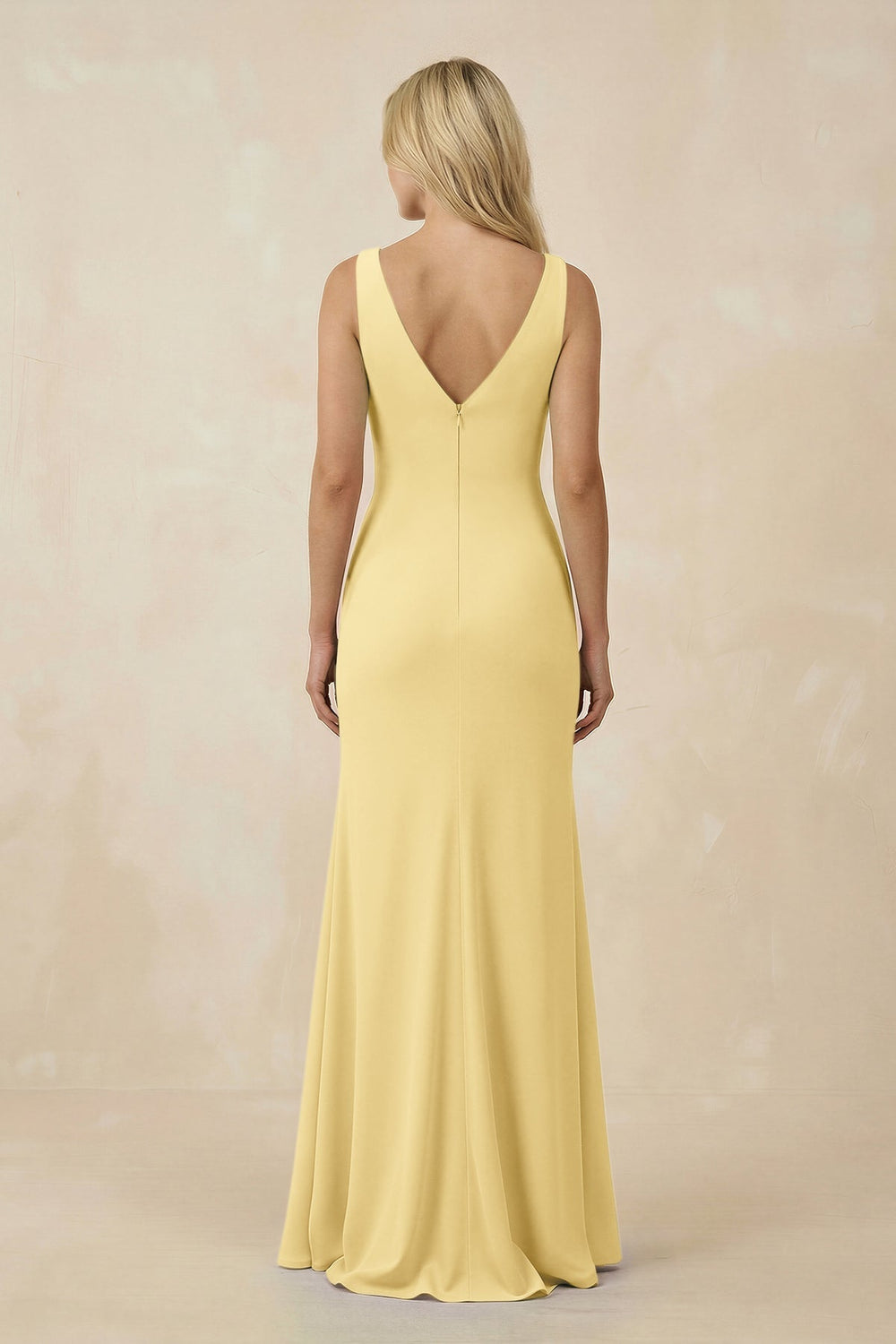 V-Neck Ruched Sheath Bridesmaid Dress with Slit in Pastel Yellow - KISS BRIDAL BRIDESMAID DRESSES