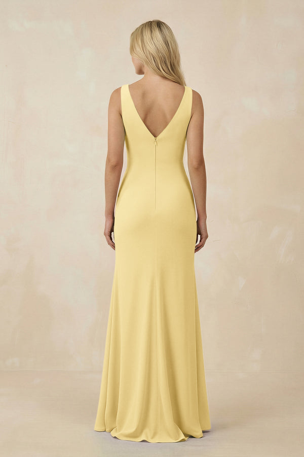 V-Neck Ruched Sheath Bridesmaid Dress with Slit in Pastel Yellow - SHE IS ME BRIDESMAID DRESSES